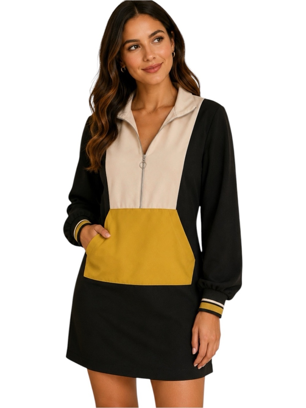 Zara Colorblock Zip Front Mini Dress Black Cream Mustard XL
